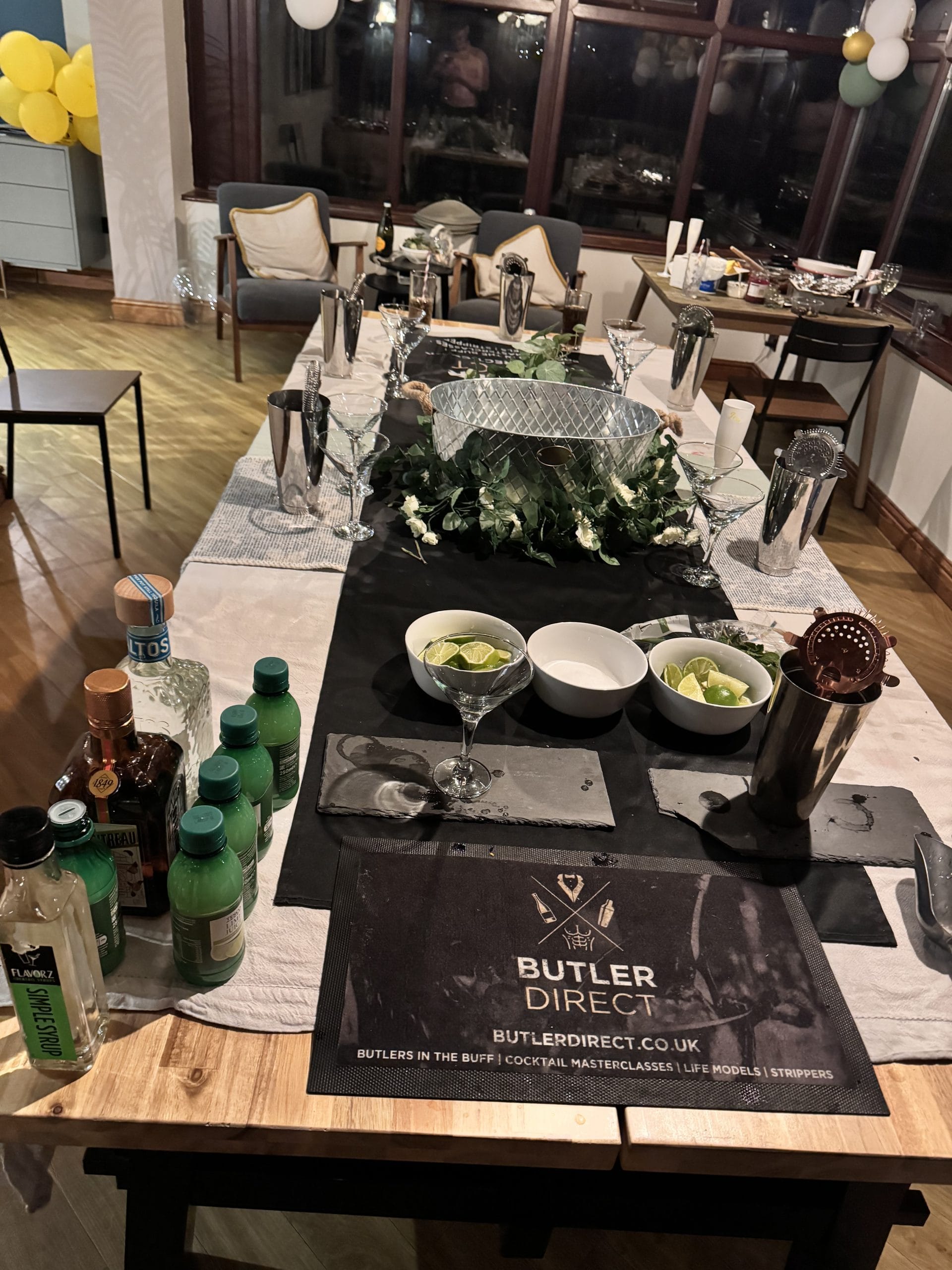Shakers and glassware set up for a Butler Direct cocktail masterclass