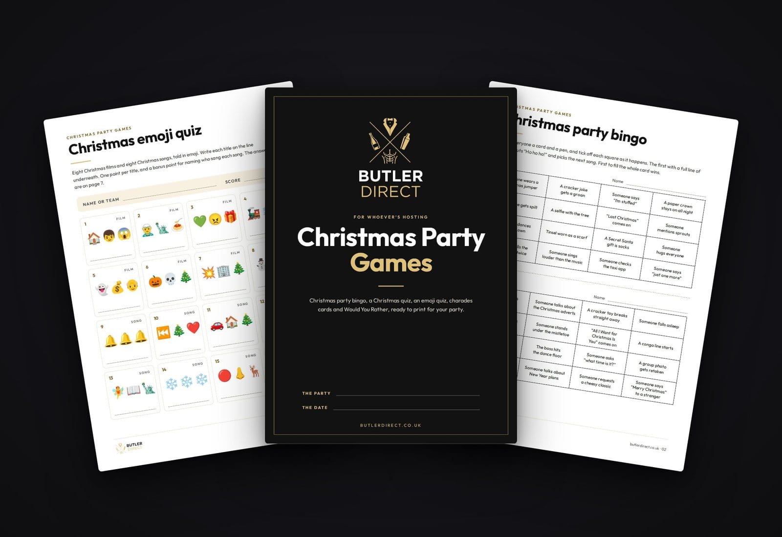 Pages from the free Butler Direct Christmas party games pack