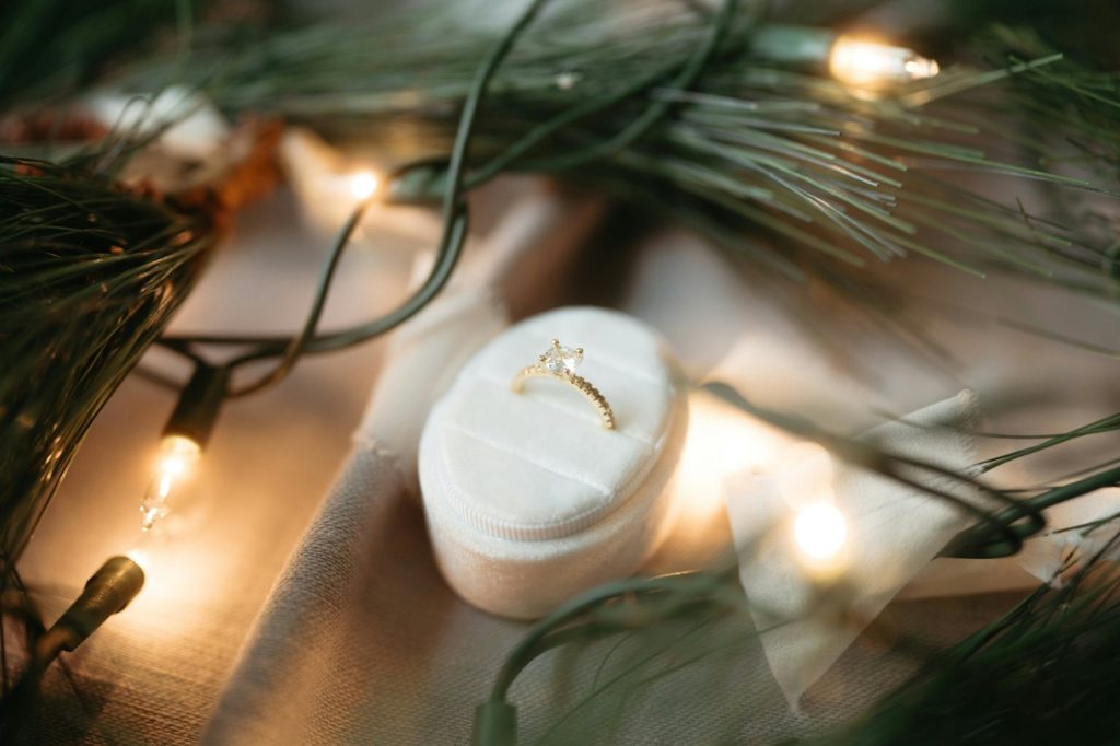A Christmas proposal: an engagement ring in a velvet box among pine branches and fairy lights