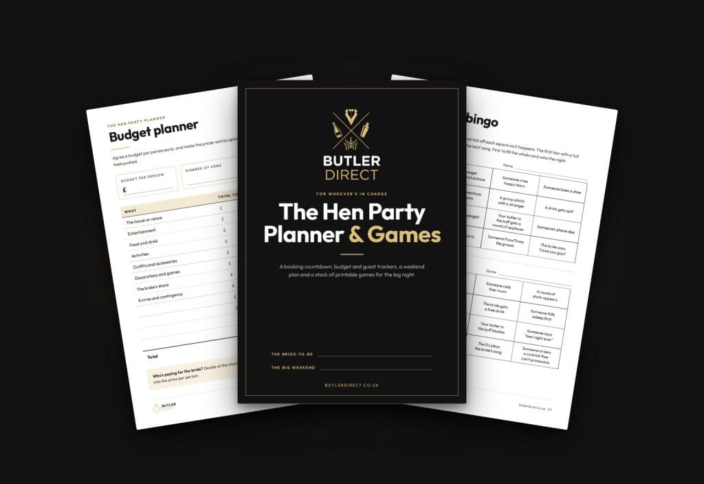 Pages from the free Butler Direct hen party planner, including hen party bingo
