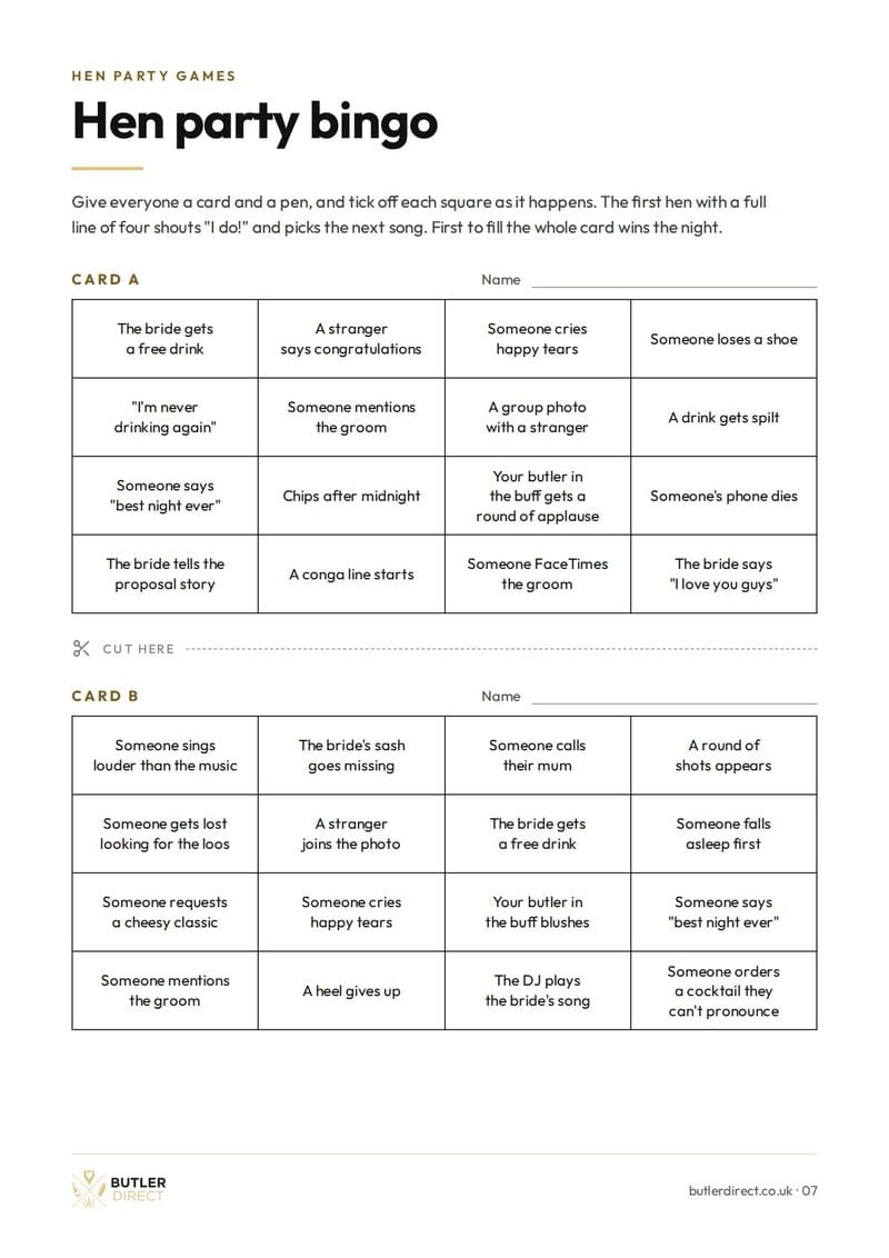 The hen party bingo page of the planner