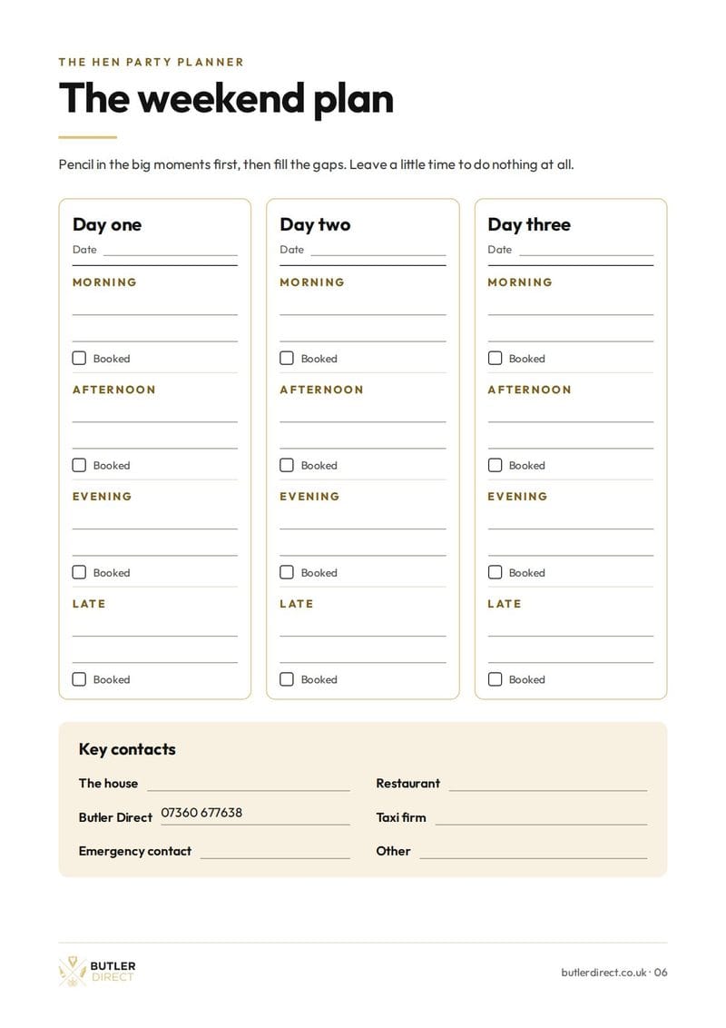 The weekend plan page of the hen party planner