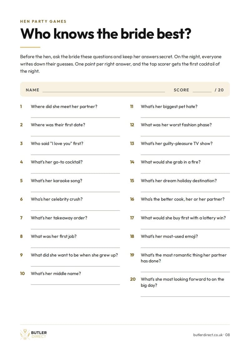 The who knows the bride best quiz page