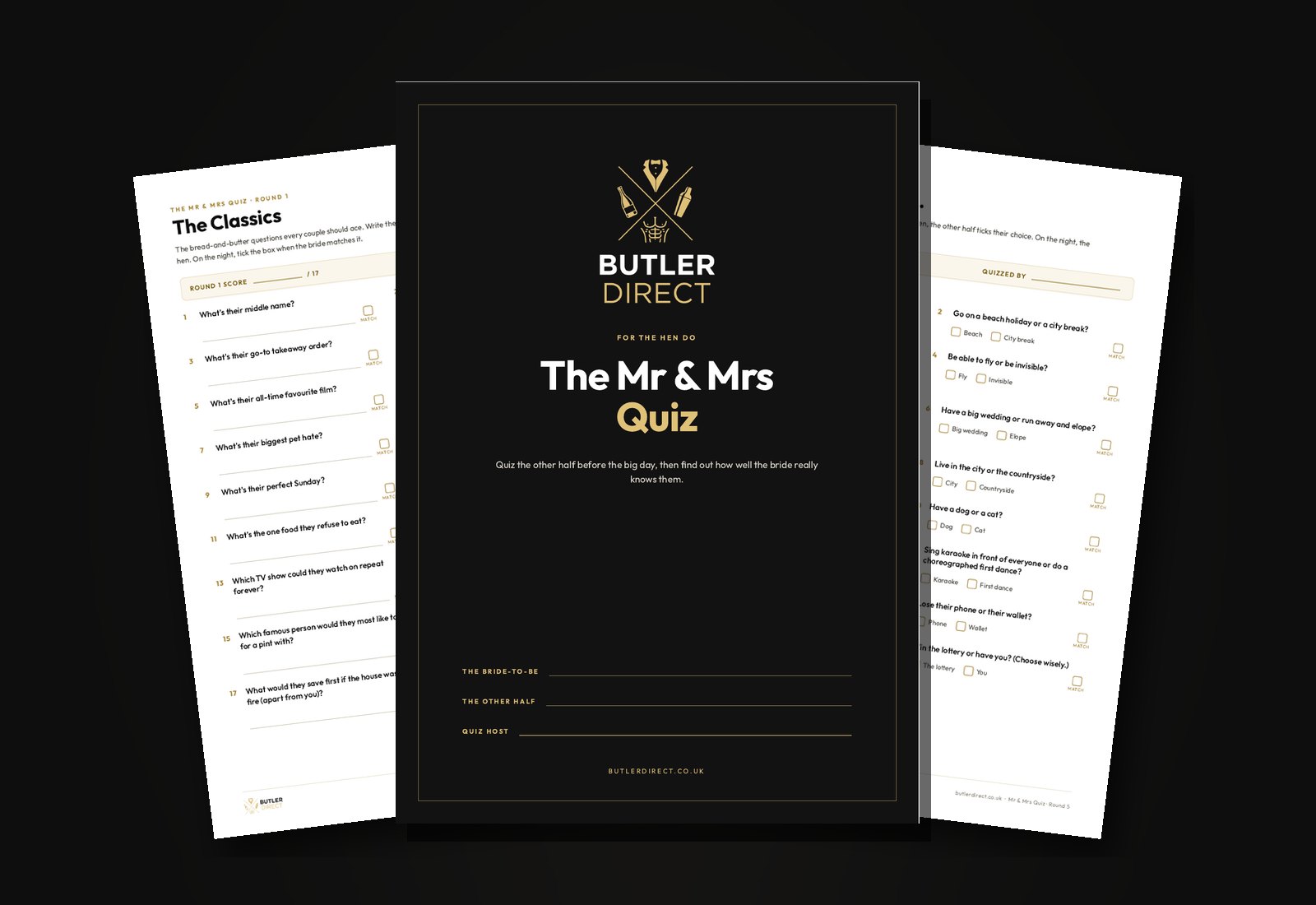Pages from the free Butler Direct Mr and Mrs quiz printable